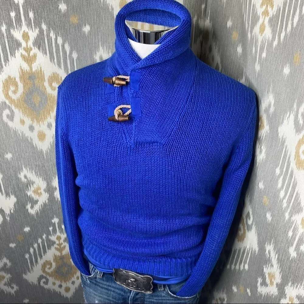 Polo Ralph Lauren Yacht Blue Linen Cotton Blend Toggle Shawl Collar L/S Sweater